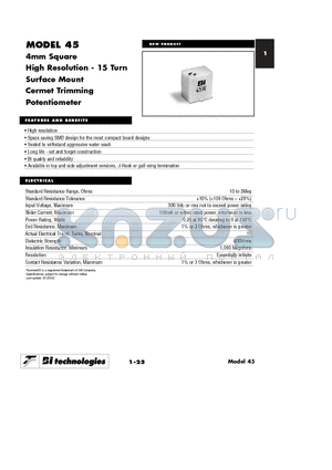 45GER100KLFT7 datasheet - 4mm Square High Resolution - 15 Turn Surface Mount Cermet Trimming Potentiometer