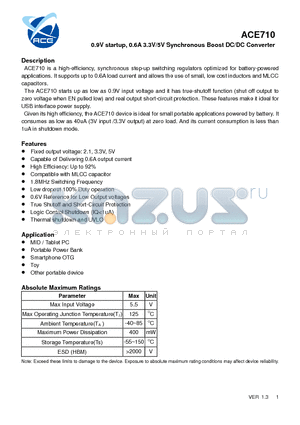 ACE710 datasheet - 0.9V startup, 0.6A 3.3V/5V Synchronous Boost DC/DC Converter