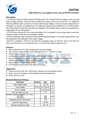 ACE705_12 datasheet - High efficiency, Low supply current, step-up DC/DC Controller