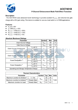 ACE7401B datasheet - P-Channel Enhancement Mode Field Effect Transistor