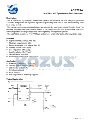 ACE723A datasheet - 3A 1.5MHz 5.5V Synchronous Buck Converter