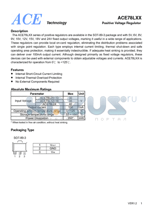 ACE78L15 datasheet - Positive Voltage Regulator