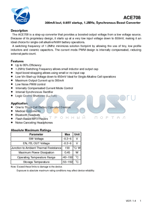 ACE708_12 datasheet - 300mA Iout, 0.85V startup, 1.2MHz, Synchronous Boost Converter