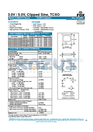 FOX801AELF datasheet - 3.0V / 5.0V, Clipped Sine, TCXO