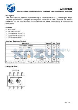 ACE8202B datasheet - Dual N-Channel Enhancement Mode Field Effect Transistor with ESD Protection