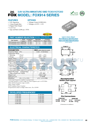 FOX914E datasheet - 3.0V ULTRA MINIATURE SMD TCXO/VCTCXO