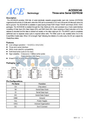 ACE93C46TMTH datasheet - Three-wire Serial EEPROM