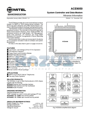 ACE9050 datasheet - System Controller and Data Modem Advance Information