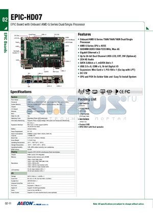 EPIC-HD07 datasheet - EPIC Board with Onboard AMD G Series Dual/Single Processor