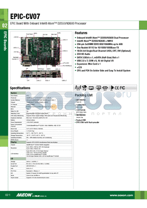 EPIC-CV07 datasheet - EPIC Board With Onboard Intel Atom D2550/N2600 Processor