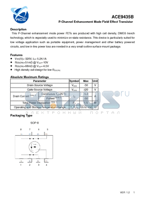 ACE9435B datasheet - P-Channel Enhancement Mode Field Effect Transistor