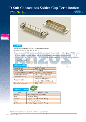 17JE-13150-02D8B2-CG datasheet - D-Sub Connectors Solder Cup Termination