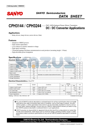 CPH3144 datasheet - PNP / NPN Epitaxial Planar Silicon Transistors DC / DC Converter Applications