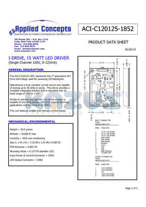 ACI-C120125-1852 datasheet - I-DRIVE, 15 WATT LED DRIVER (Single Channel 120V, 0-125mA)