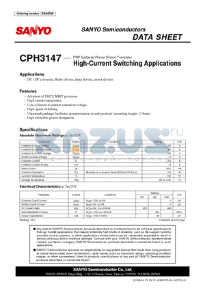 CPH3147 datasheet - PNP Epitaxial Planar Silicon Transistor High-Current Switching Applications