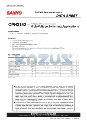 CPH3152 datasheet - PNP Epitaxial Planar Silicon Transistor High-Voltage Switching Applications