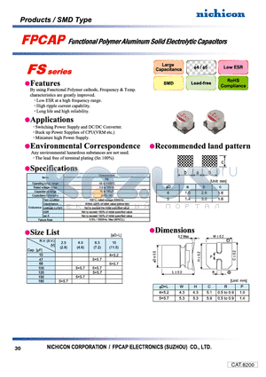 FP-2R5ME181M-FSR datasheet - FUNCTIONAL POLYMER ALUMINUM SOLID ELECTROLYTIC CAPACITORS