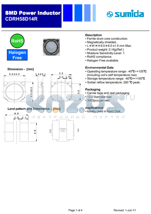 CDRH58D14RHF-1R4NC datasheet - Power Inductor