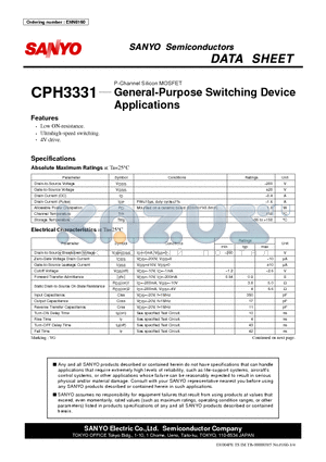 CPH3331 datasheet - P-Channel Silicon MOSFET General-Purpose Switching Device