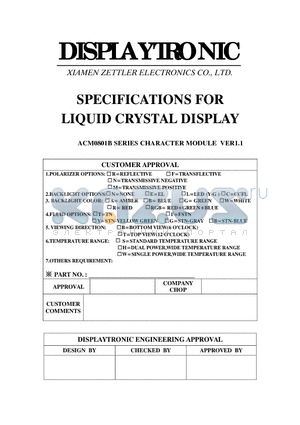 ACM0801B datasheet - SPECIFICATIONS FOR LIQUID CRYSTAL DISPLAY