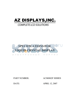 ACM0802F datasheet - SPECIFICATIONS FOR LIQUID CRYSTAL DISPLAY