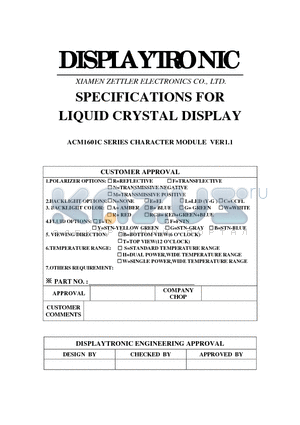 ACM1601C datasheet - SPECIFICATIONS FOR LIQUID CRYSTAL DISPLAY