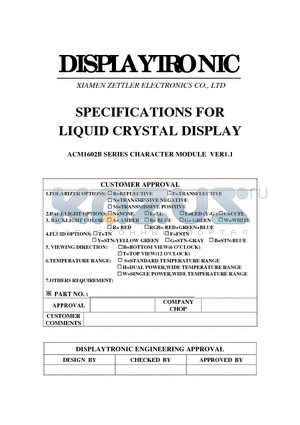 ACM1602B datasheet - SPECIFICATIONS FOR LIQUID CRYSTAL DISPLAY