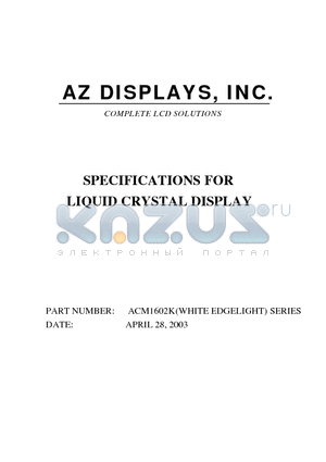 ACM1602KW datasheet - SPECIFICATIONS FOR LIQUID CRYSTAL DISPLAY