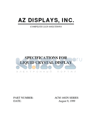 ACM1602N datasheet - SPECIFICATIONS FOR LIQUID CRYSTAL DISPLAY