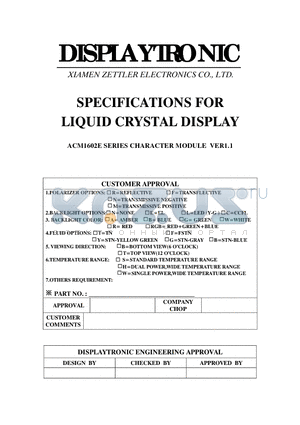 ACM1602E datasheet - SPECIFICATIONS FOR LIQUID CRYSTAL DISPLAY