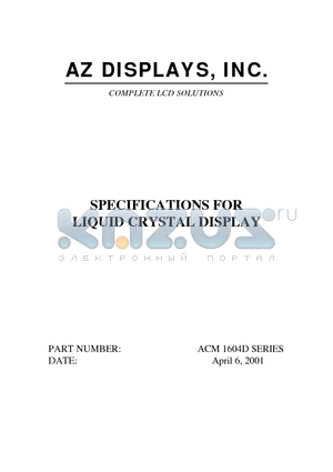 ACM1604D datasheet - SPECIFICATIONS FOR LIQUID CRYSTAL DISPLAY