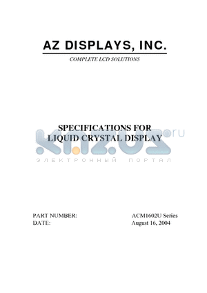 ACM1602U datasheet - SPECIFICATIONS FOR LIQUID CRYSTAL DISPLAY