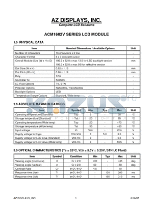 ACM1602V datasheet - ACM1602V SERIES LCD MODULE