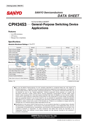 CPH3453 datasheet - N-Channel Silicon MOSFET General-Purpose Switching Device Applications