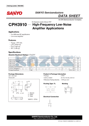 CPH3910 datasheet - N-Channel Junctin Silicon FET High-Frequency Low-Noise Amplifi er Applications