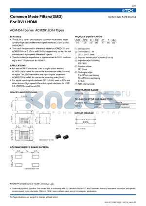 ACM2012D-900-2P datasheet - Common Mode Filters(SMD) For DVI / HDMI