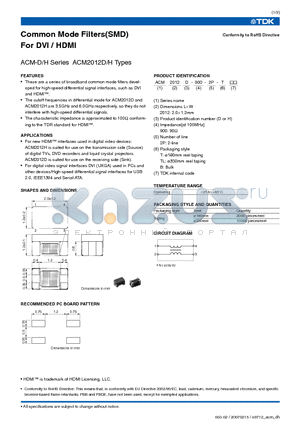 ACM2012D datasheet - Common Mode Filters(SMD) For DVI / HDMI