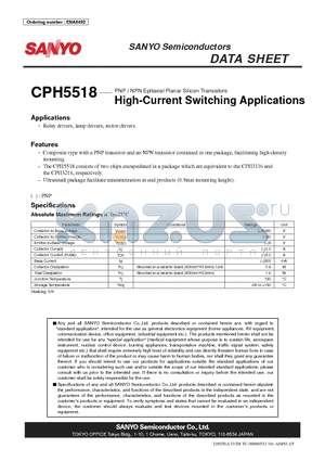CPH5518 datasheet - PNP / NPN Epitaxial Planar Silicon Transistors High-Current Switching Applications