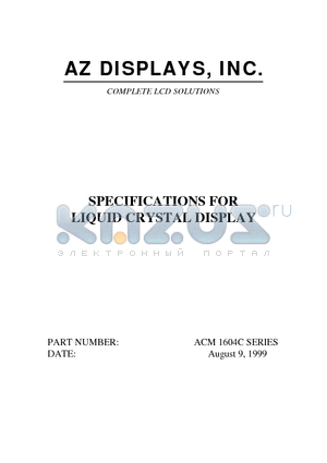 ACM1604C datasheet - SPECIFICATIONS FOR LIQUID CRYSTAL DISPLAY