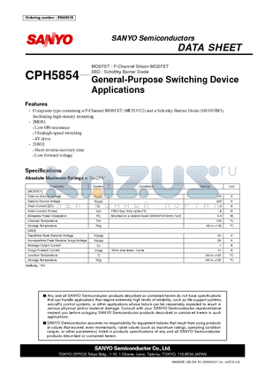 CPH5854 datasheet - MOSFET : P-Channel Silicon MOSFET SBD : Schottky Barrier Diode General-Purpose Switching Device