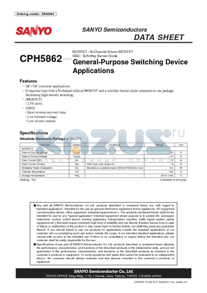 CPH5862 datasheet - MOSFET : N-Channel Silicon MOSFET SBD : Schottky Barrier Diode General-Purpose Switching Device
