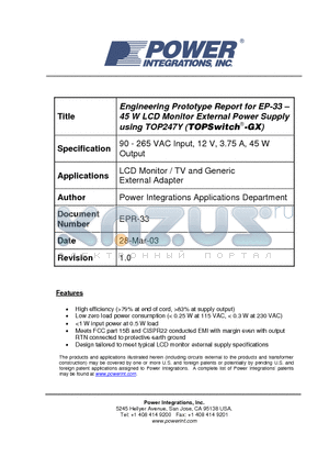 EPR-33 datasheet - Engineering Prototype Report for EP 33 - 45 W LCD Monitor External Power Supply using TOP247Y (TOPSwitch-GX)