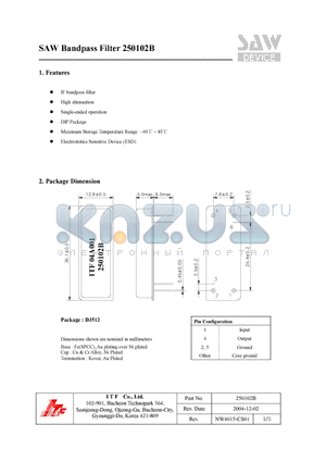 250102B datasheet - SAW Bandpass Filter