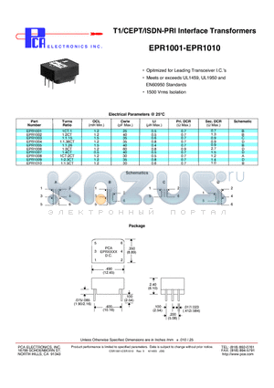 EPR1007 datasheet - T1/CEPT/ISDN-PRI Interface Transformers