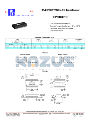 EPR1017SE datasheet - T1/E1/CEPT/ISDN-Pri Transformer
