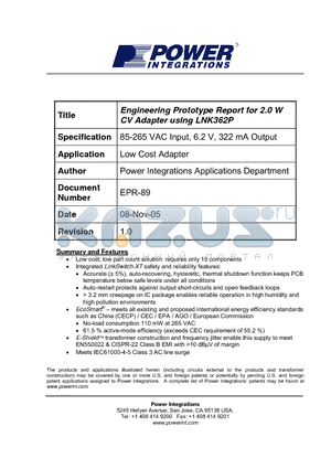 EPR-89 datasheet - Engineering Prototype Report for 2.0 W CV Adapter using LNK362P