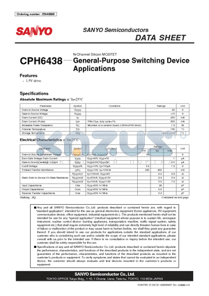 CPH6438 datasheet - N-Channel Silicon MOSFET General-Purpose Switching Device Applications