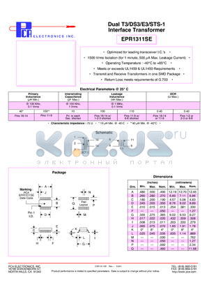 EPR1311SE datasheet - Dual T3/DS3/E3/STS-1 Interface Transformer
