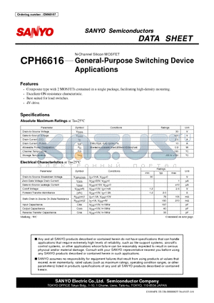 CPH6616 datasheet - N-Channel Silicon MOSFET General-Purpose Switching Device