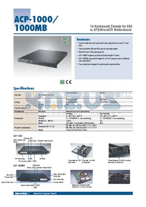 ACP-1000BP-20ZE datasheet - 1U Rackmount Chassis for SBC or ATX/MicroATX Motherboard